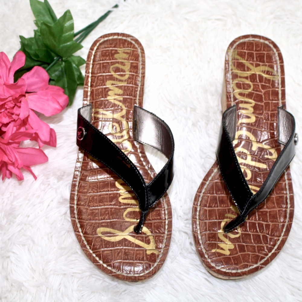 Sam Edelman Romy Black Patent Leather Cork Wedges